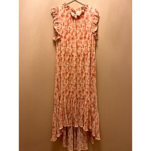 Karlie flutter sleeve high low micro pleated maxi dress - Peach/Pink Ikat - M